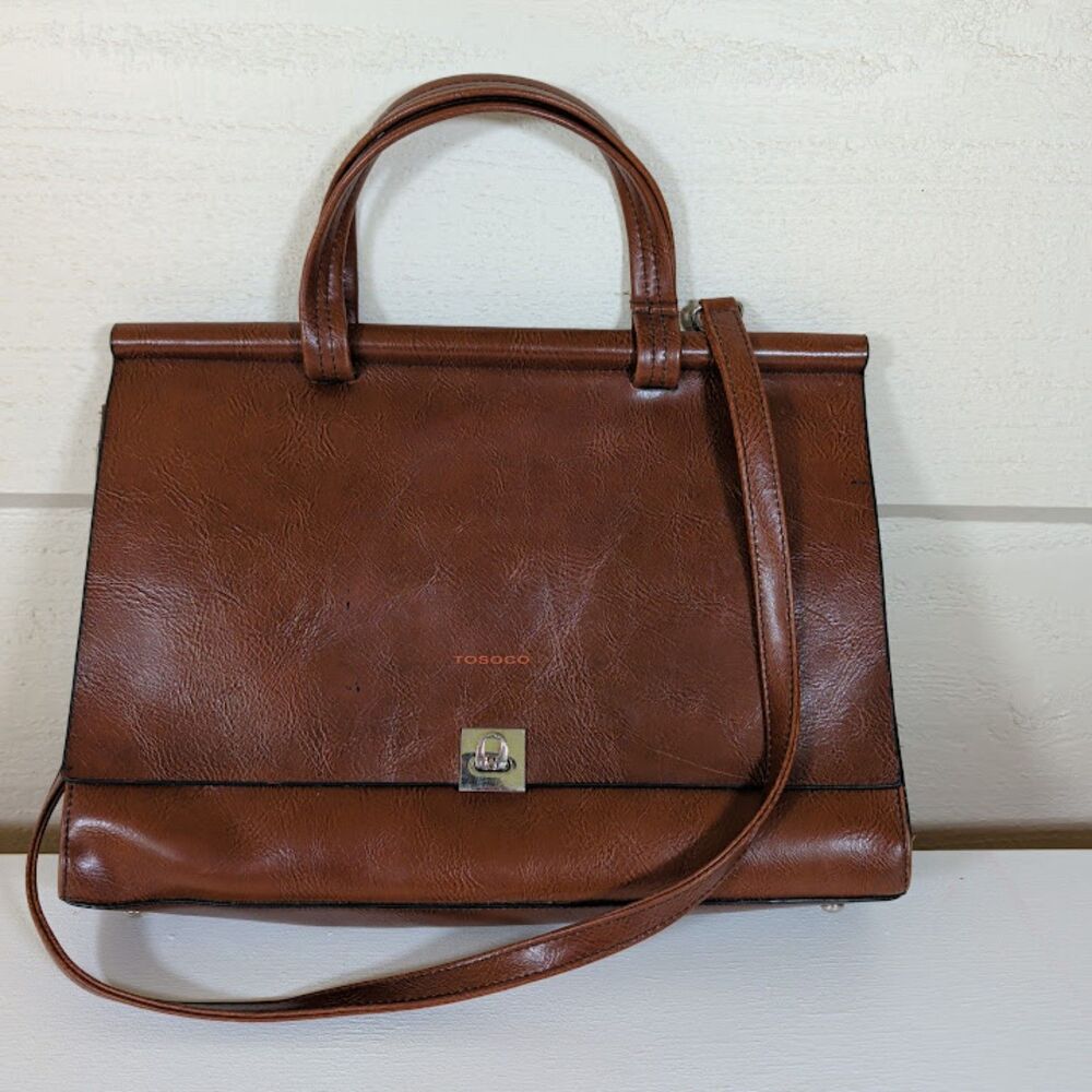 Vintage Tosoco Structured Leather Satchel  Brown Top Handle Crossbody Bag Laptop